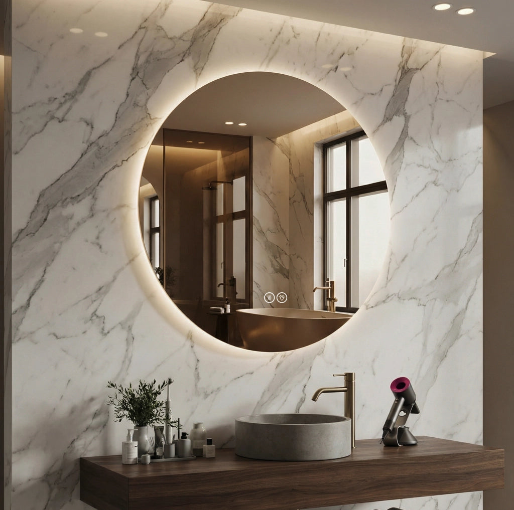 Specchio da bagno rotondo LED 80 cm con illuminazione anteriore e retroilluminazione, antiappannamento, 3 tonalità di luce, dimmer regolabile, funzione memoria, vetro argento HD 5 mm senza rame