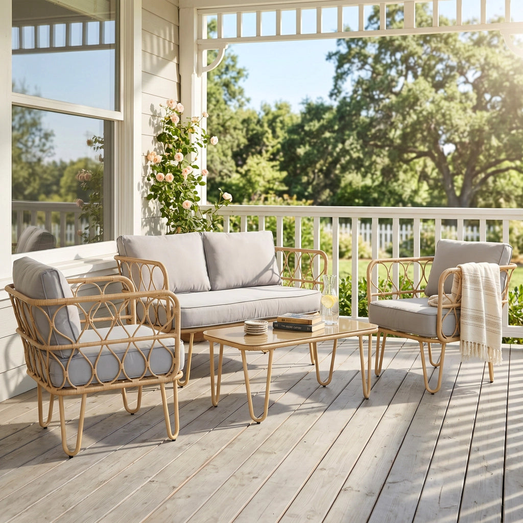Set Salotto da Giardino in Rattan ¨C zephmum ¨C Divano 2 Posti, 2 Poltrone, Tavolino con Piano in Vetro
