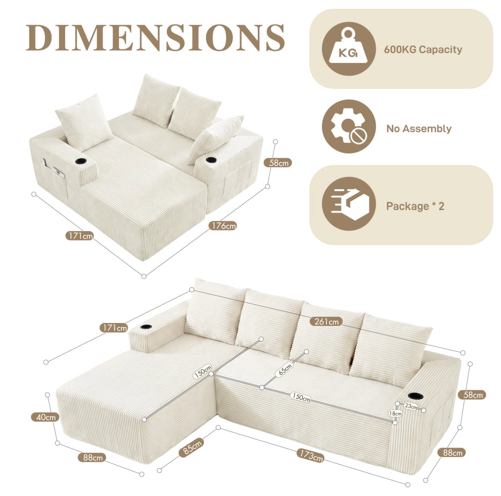 Divano modulare a L con chaise longue reversibile e portabicchieri in velluto a coste beige