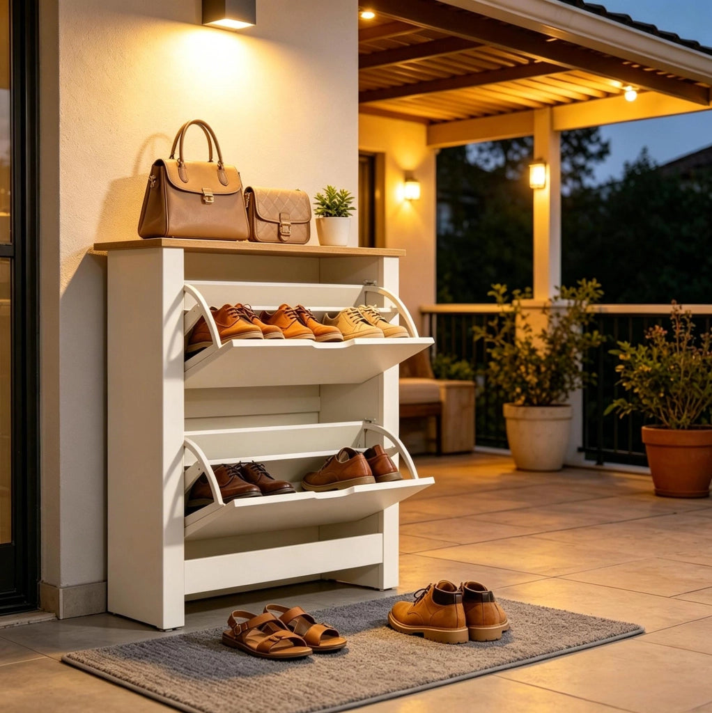 Scarpiera ULEVR 72x26x80 cm con 2 ante a ribalta e divisori regolabili, legno naturale e bianco
