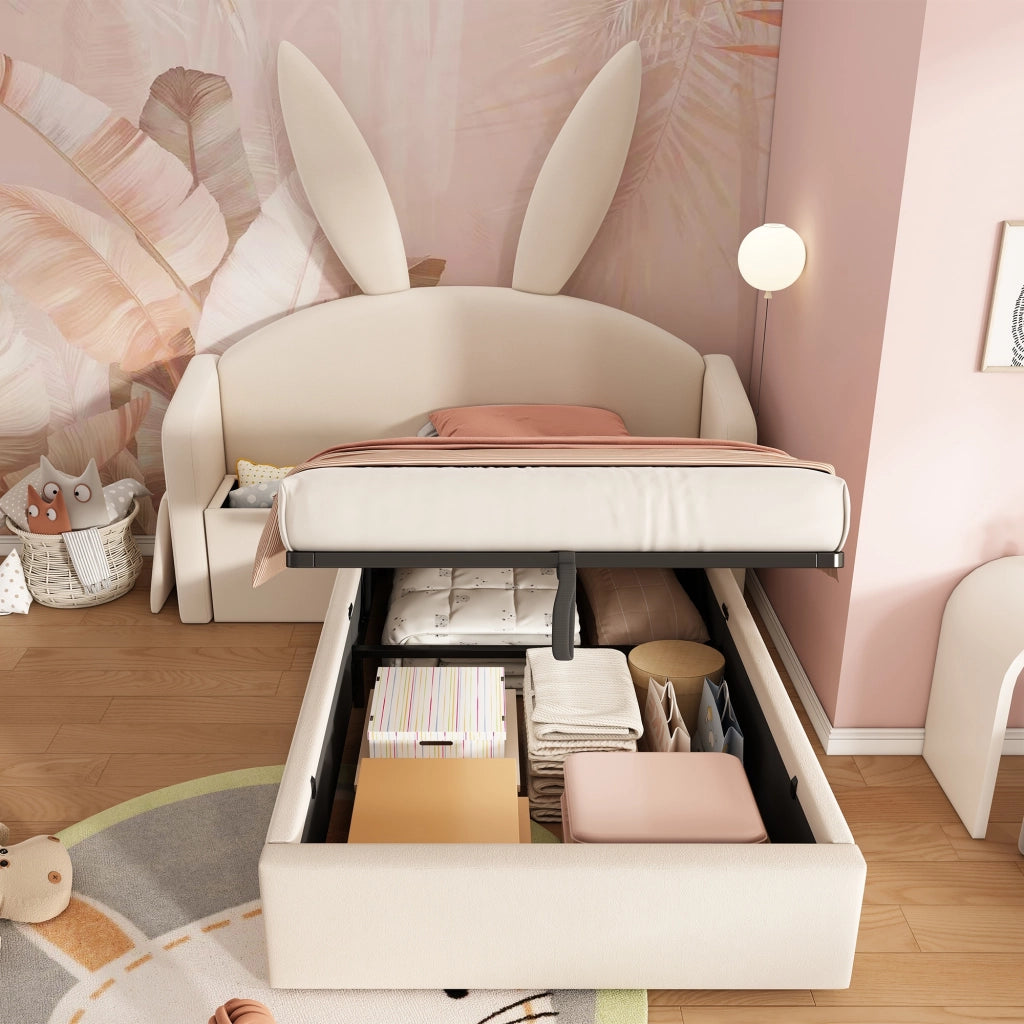 Letto per bambini 90x190 cm, letto idraulico con contenitore, testiera imbottita, forma a orecchie di coniglio, tessuto in velluto, beige