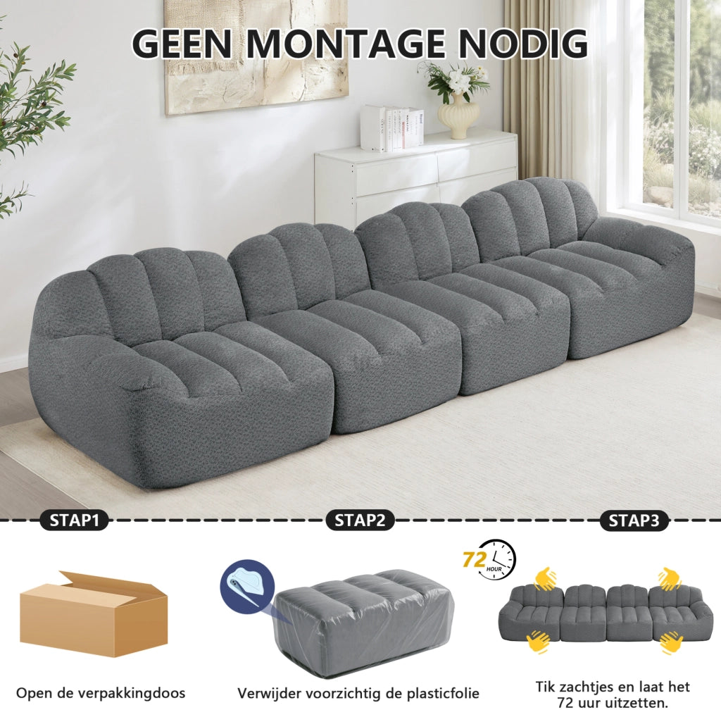 Divano modulare senza struttura a 2 posti a forma di L con pouf, cuscini profondi, grigio