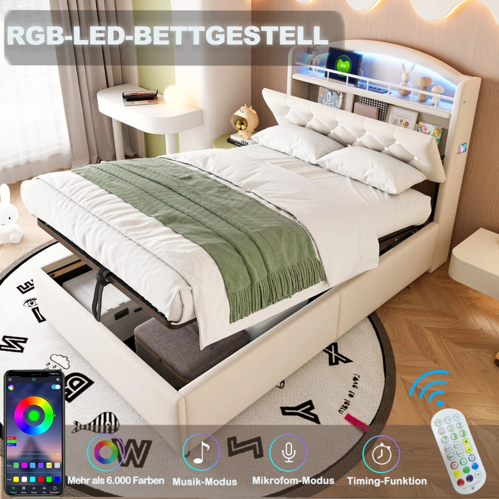 Letto imbottito per bambini 90x200 con LED e prese USB