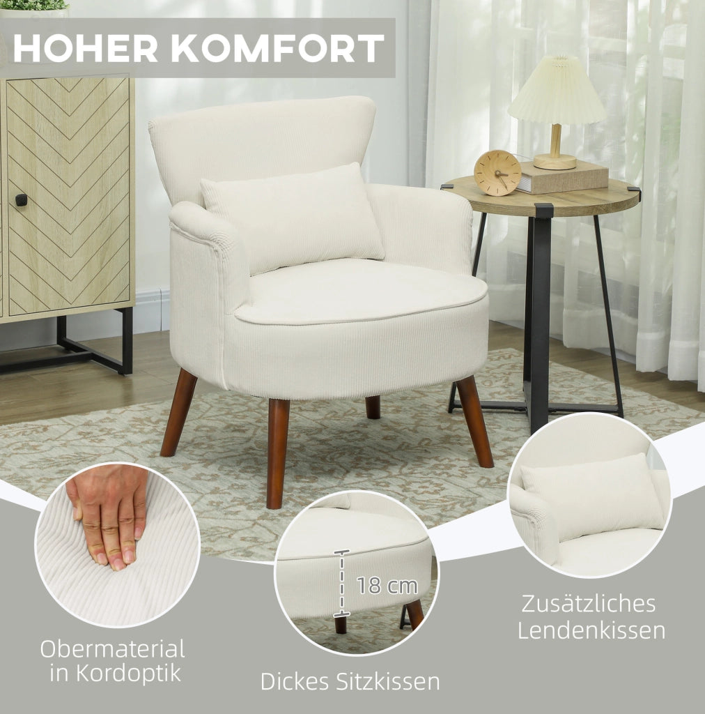 Poltrona imbottita crema con braccioli arrotondati e schienale a ali, gambe in legno, 69x69,5x78 cm, capacità 120 kg