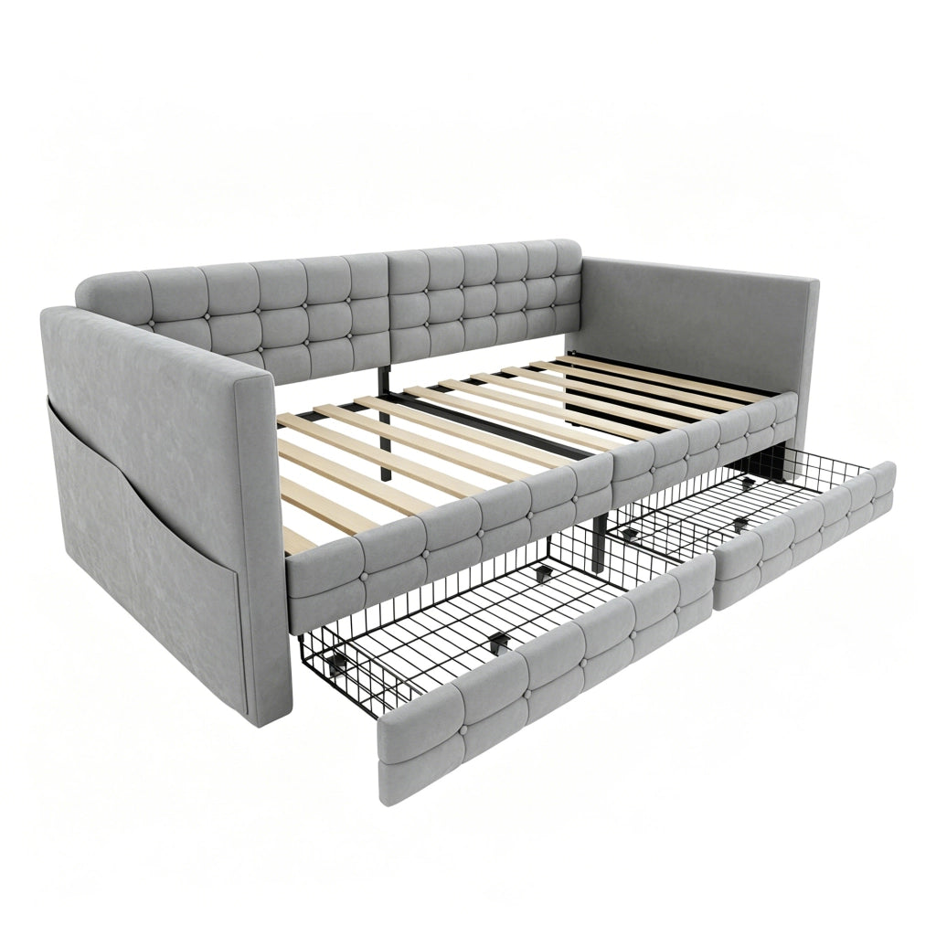 Letto con cassetti 90 × 190 cm imbottito con tasche laterali due cassetti e rete a doghe in velluto grigio chiaro