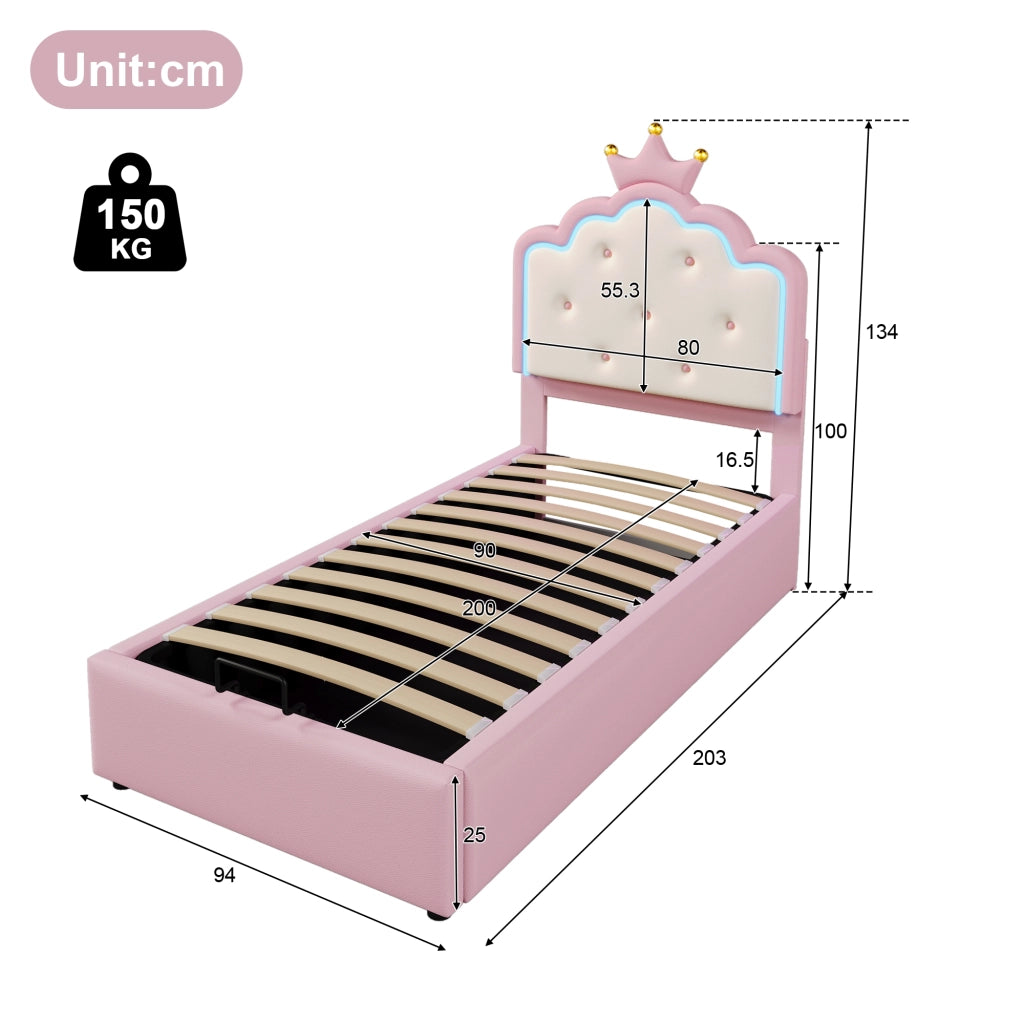 Letto per bambini 90 × 200 cm 1 posto con contenitore idraulico; LED con telecomando; senza materasso; rosa