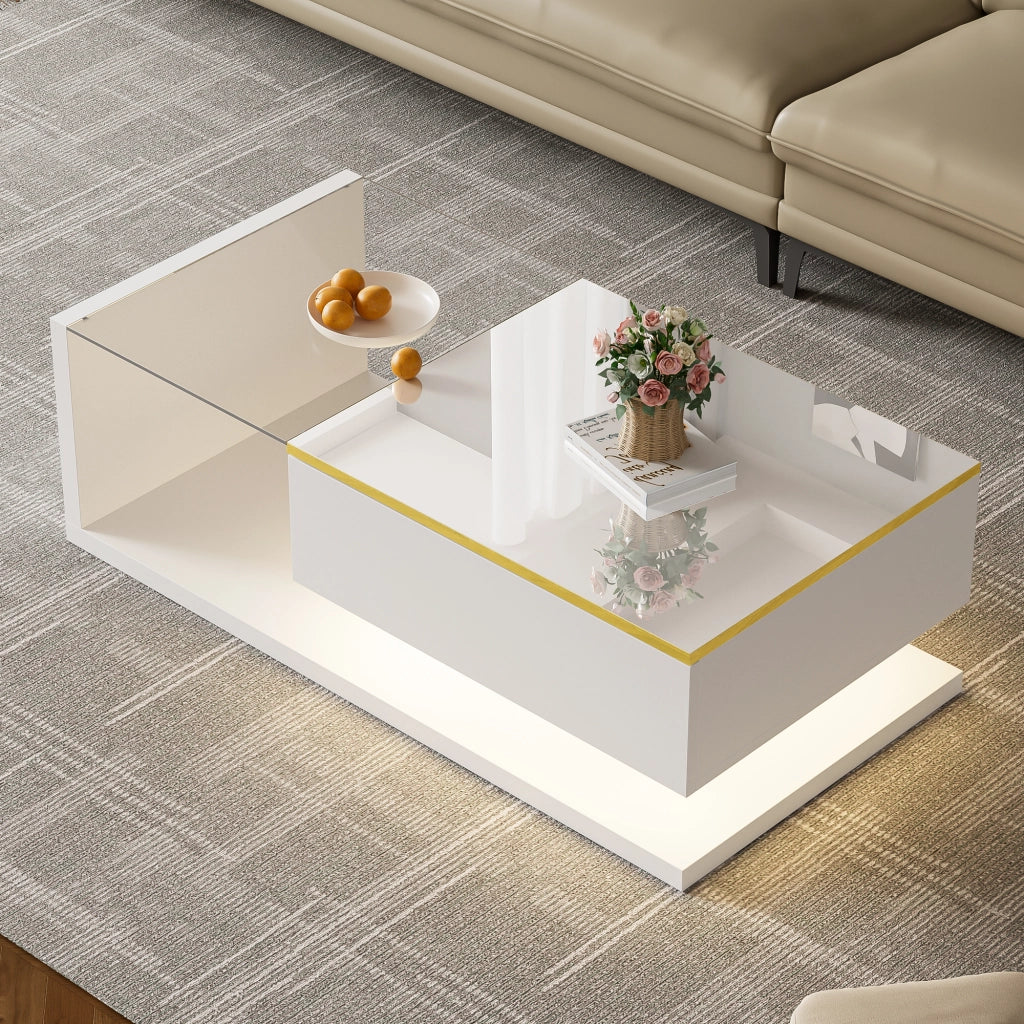 Tavolino basso fisso con vano contenitore e ripiani aperti vetro LED dimmerabile bianco 100 × 50 × 32.5 cm