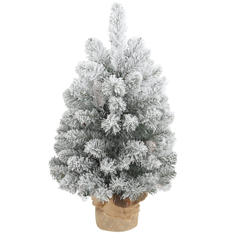 Mini albero di Natale artificiale 60 cm, abete artificiale innevato, 72 punte, 6 pigne, base in cemento