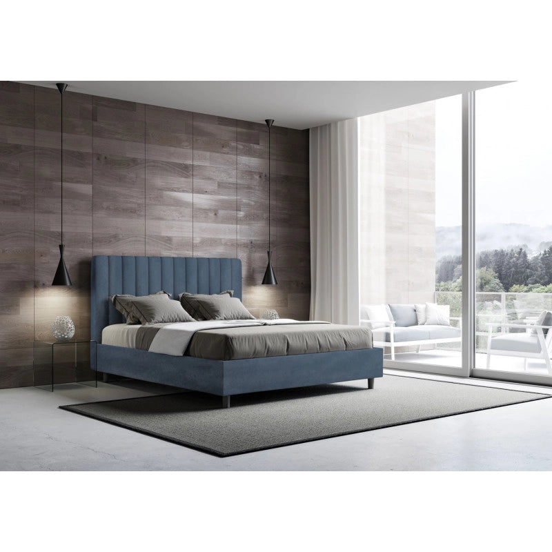 Letto imbottito Piazza e mezzo 130x200 cm Agueda - Con rete,Microfibra,Blu