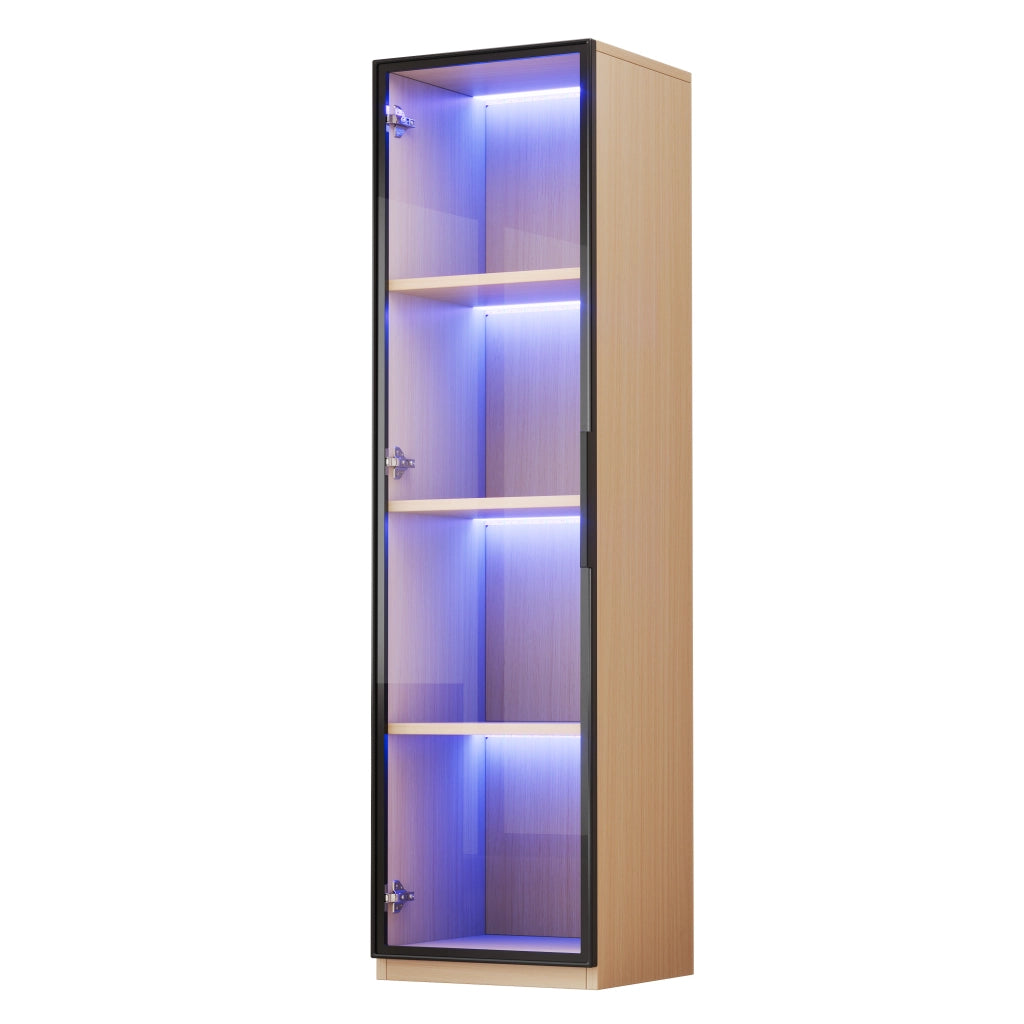 Vetrina stretta 40x40x165 cm in MDF effetto rovere con anta in vetro e LED