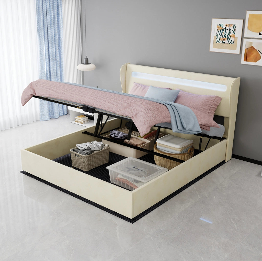 Letto matrimoniale LED 160x200 cm beige con contenitore e materasso