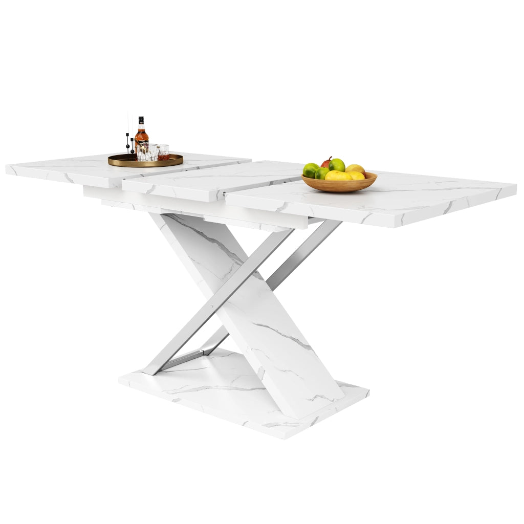 Tavolo allungabile da pranzo con piano effetto marmo e gambe incrociate bianco 118-157 × 75 × 76.4 cm