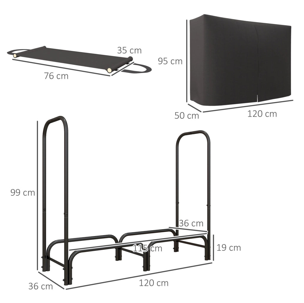 Scaffale per Legna da Camino 120x36x99 cm con Tela Oxford e Copertura Idroripellente, Struttura in Metallo Nero