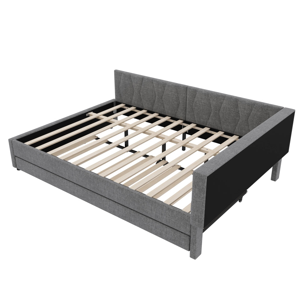 Letto 140x200 cm estraibile con LED, USB e USB-C in lino e MDF grigio