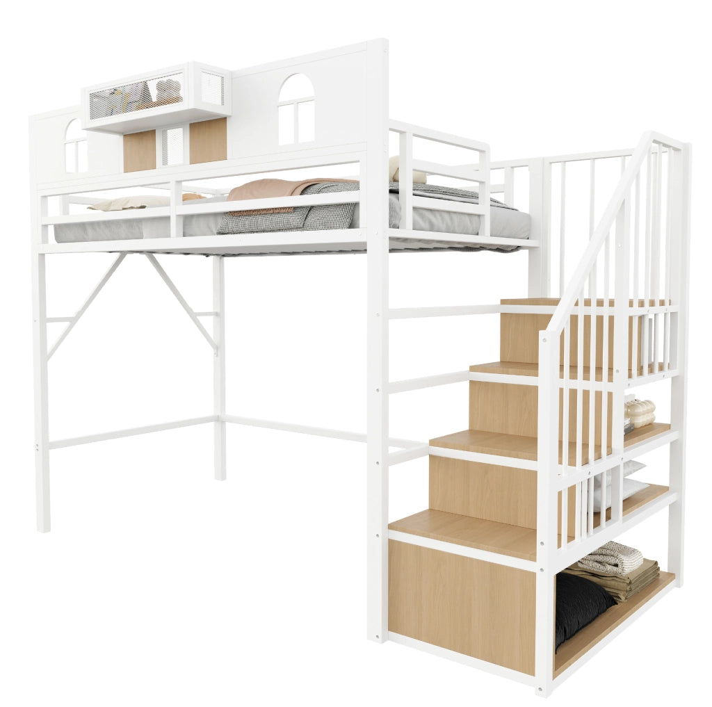 Letto a soppalco in metallo 90x200 cm con scala contenitore; mensola e luce; bianco