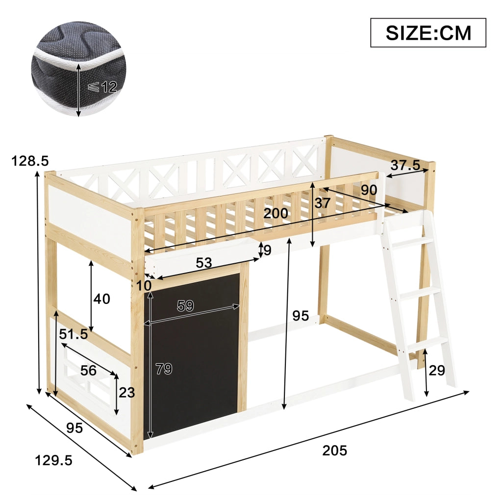 Letto a soppalco 90 × 200 cm con lavagnetta; box portaoggetti e scala a 3 gradini in legno bianco naturale