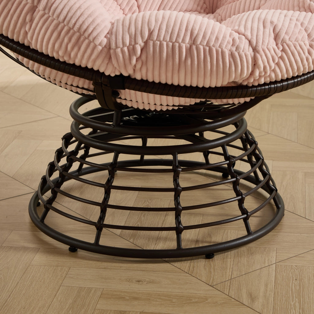 Poltrona Papasan girevole 360¡ã ?92x67 cm in acciaio e rattan PE marrone con cuscino rosa
