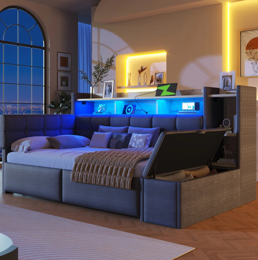 Divano letto in velluto 90x190 cm con 2 cassetti; LED; USB e Type-C; grigio scuro
