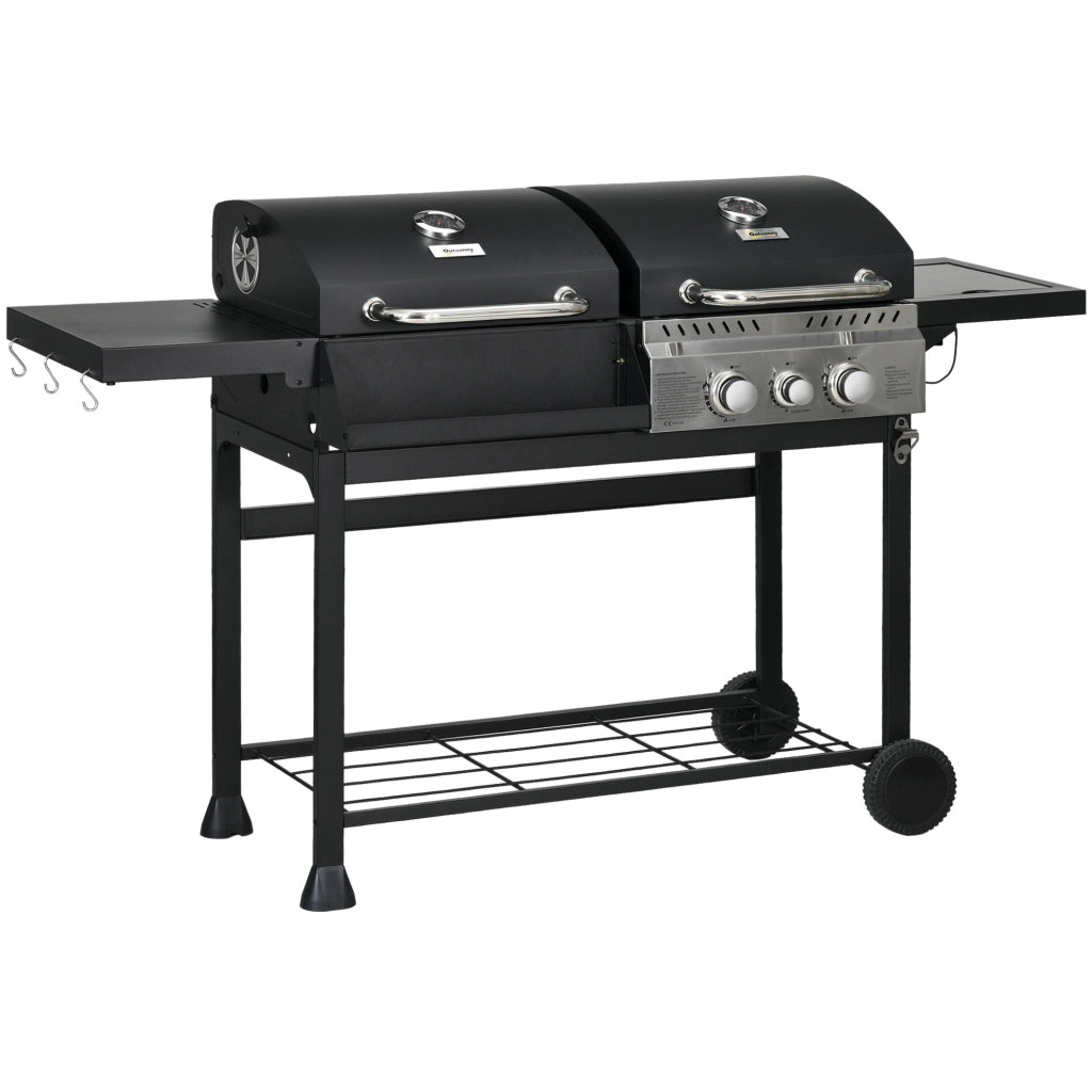 Barbecue a Gas per Giardino con 5 Bruciatori Termometro e Ripiano Scaldavivande, Barbecue da Esterno Robusto Nero e Argento, 161 x 54 x 103 cm