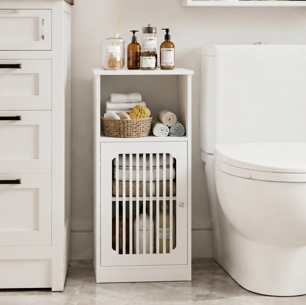 Mobile bagno basso autoportante bianco con ante a lamelle
