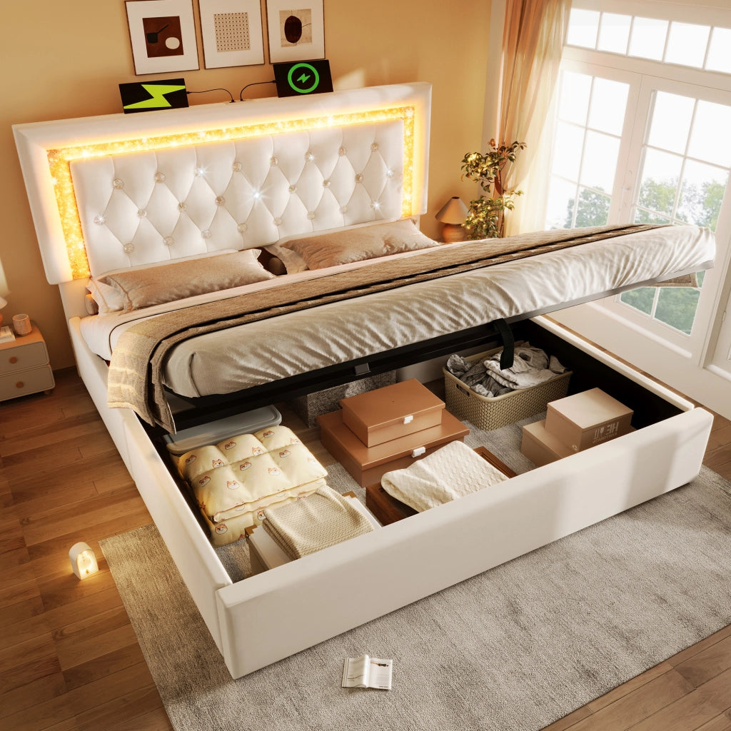 Letto matrimoniale 140×200 cm con contenitore idraulico; LED regolabile; USB e tipo C; materasso incluso; beige