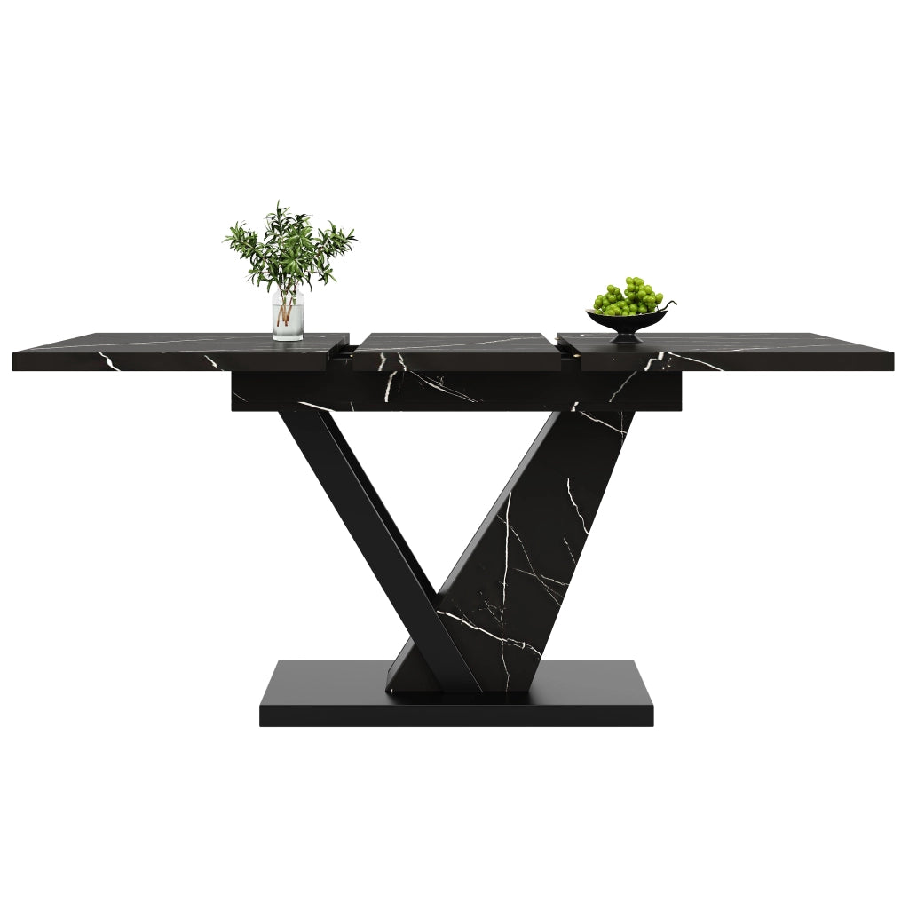 Tavolo da pranzo allungabile 120-160x75 cm, piano effetto marmo nero, MDF e metallo, 4-6 posti