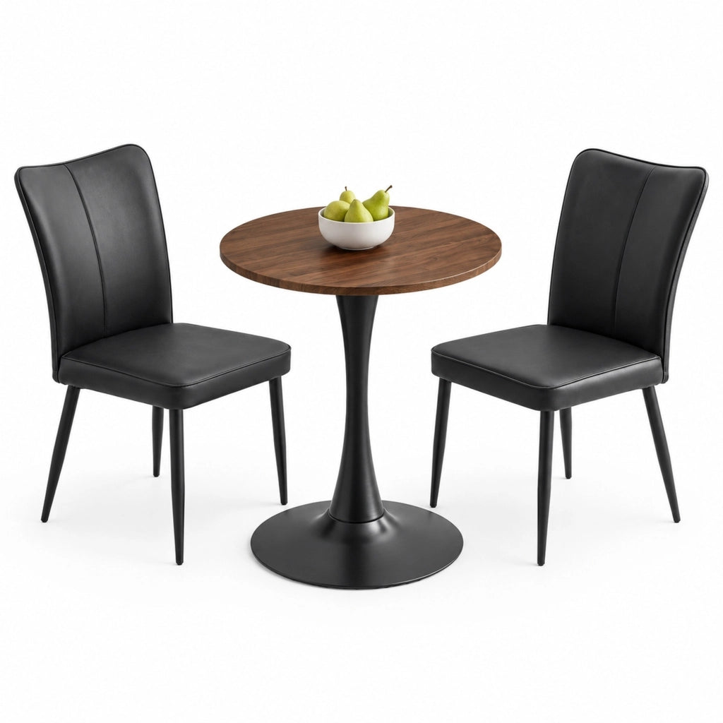 Set tavolo rotondo 60 cm noce e nero in MDF con 2 sedie in PU