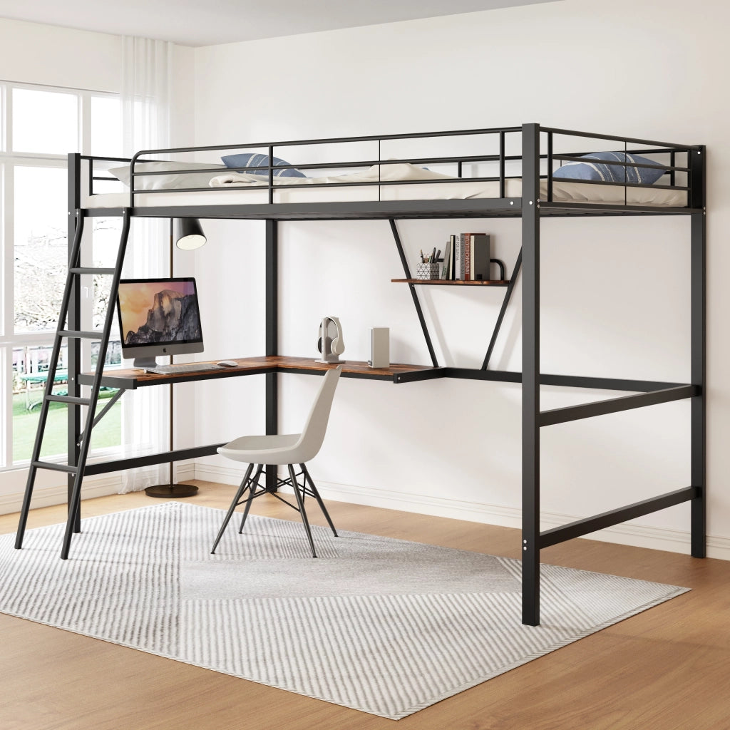 Letto a castello in metallo 90x200 cm con scrivania a L e ripiano, per bambini, ragazzi e adulti - Nero