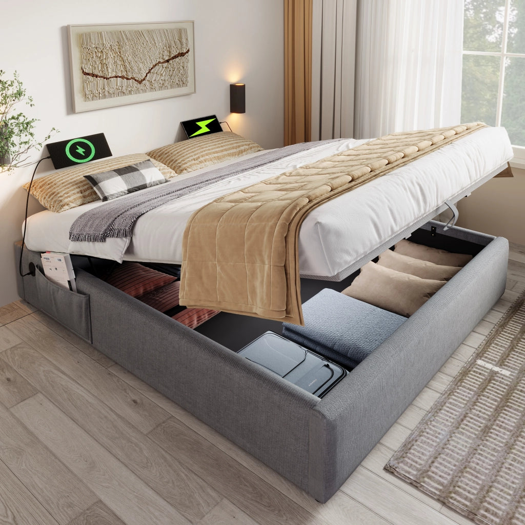 OKWISH Letto contenitore 140×200 cm, Letto Matrimoniale con USB, Type C e tasca laterale, senza Materasso, in Lino Cotone, Grigio