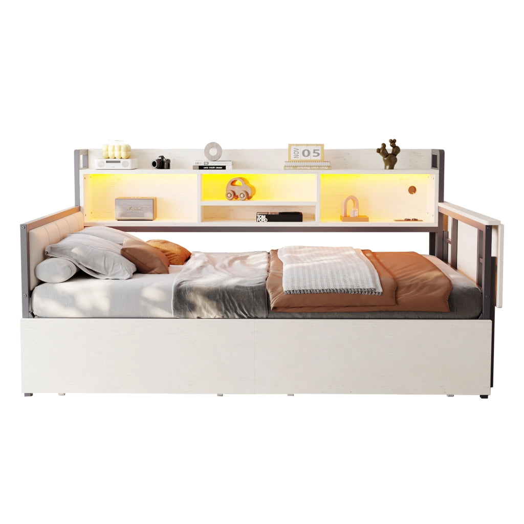 Divano letto in ferro 90 x 200 cm con luce LED e contenitore, cassetti e presa multipla, scrivania estraibile, schienale - Bianco