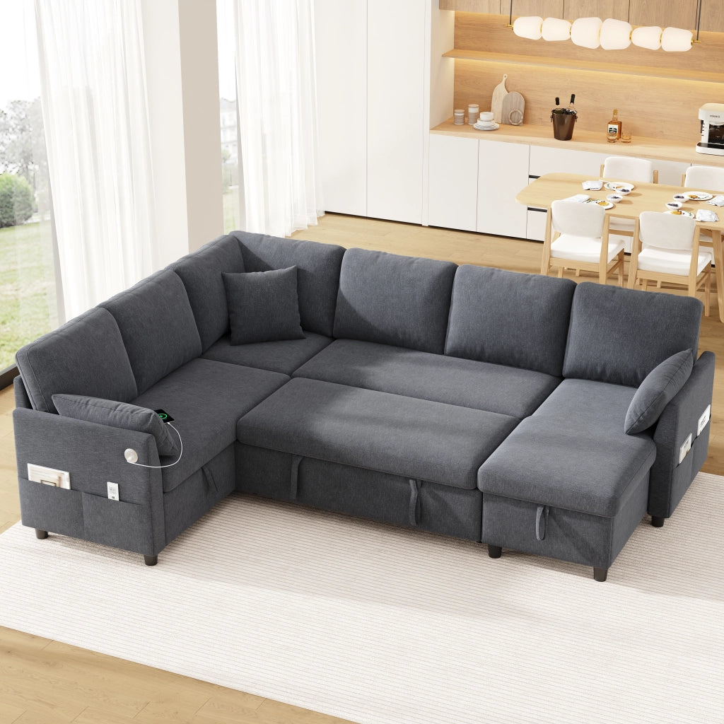 Divano letto angolare grigio con contenitori; chaise longue reversibile; USB e USB-C