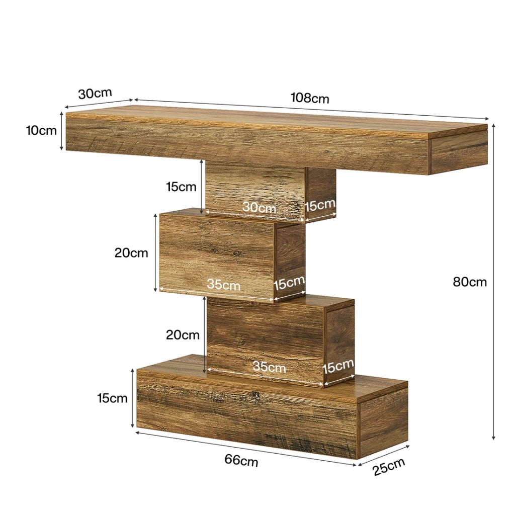 Consolle con base geometrica a gradini per ingresso, in pannelli truciolari E1 marrone chiaro, 108 × 30 × 80 cm