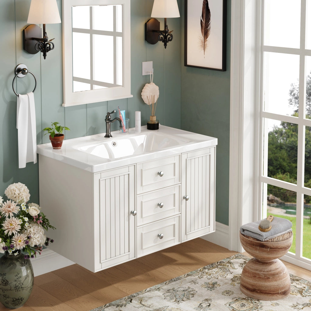 Mobile per lavabo singolo sospeso con lavabo in ceramica; cassetti e vano; bianco 78.5 × 46 × 46.8 cm