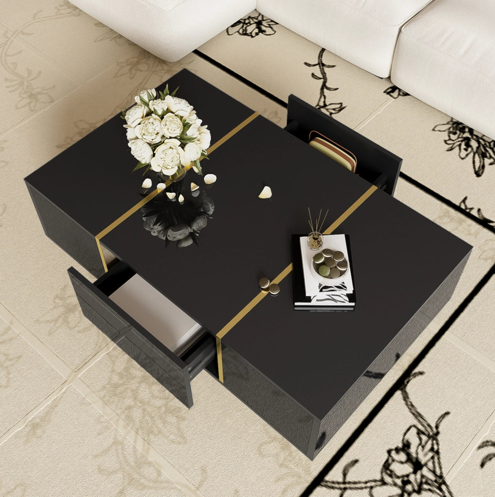 Tavolino da salotto moderno nero lucido con 2 cassetti e dettagli dorati, 100x60x41,5 cm