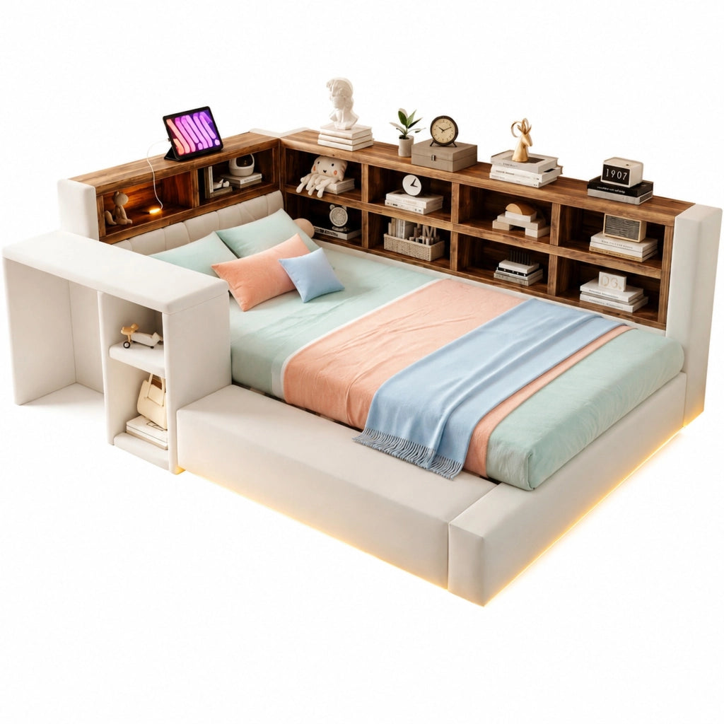 Letto imbottito 90 x 200 cm con LED; prese integrate e vani portaoggetti; beige