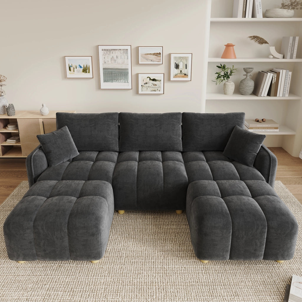 Divano ad angolo modulare in l/u 5 sedili 219x136x84 cm con pouf e cuscini 2; design a nuvola; tessuto in ciniglia; ampi braccioli; grigio