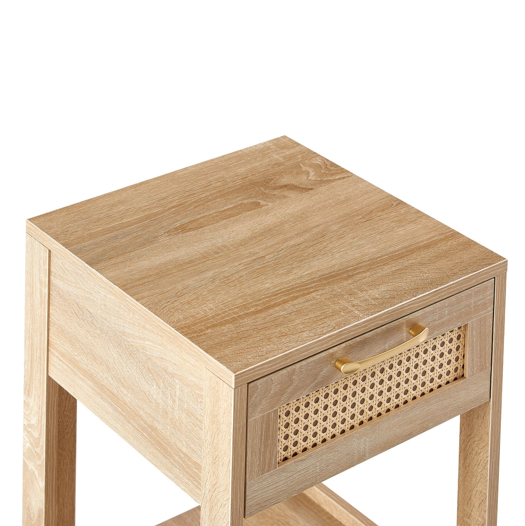 Comodino in rattan con cassetto, tavolino moderno per camera e soggiorno, effetto legno naturale H55xL40xP40 cm