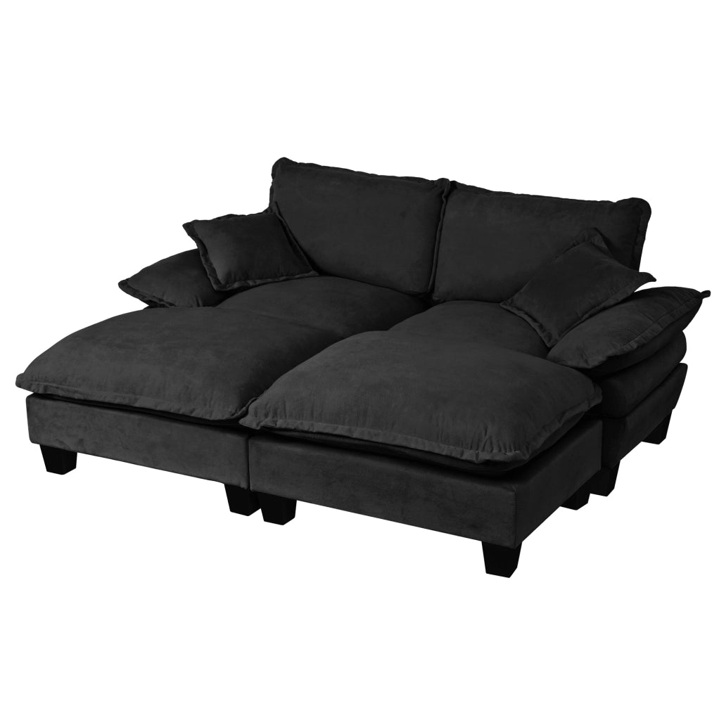Divano angolare modulare 194x155x90 cm in ciniglia nera con 2 pouf