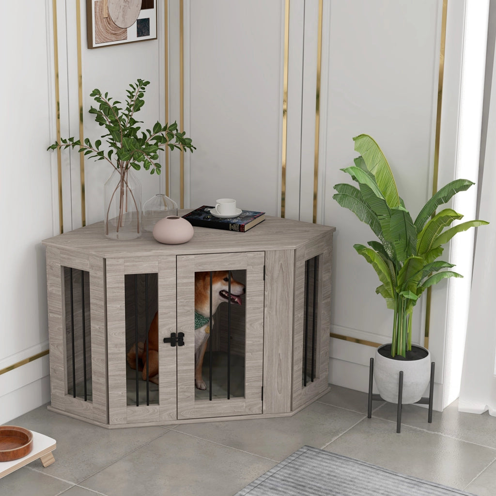 Gabbia per cani in compensato color noce con barre d’acciaio e chiavistello 104 × 55 × 63 cm per cani medi