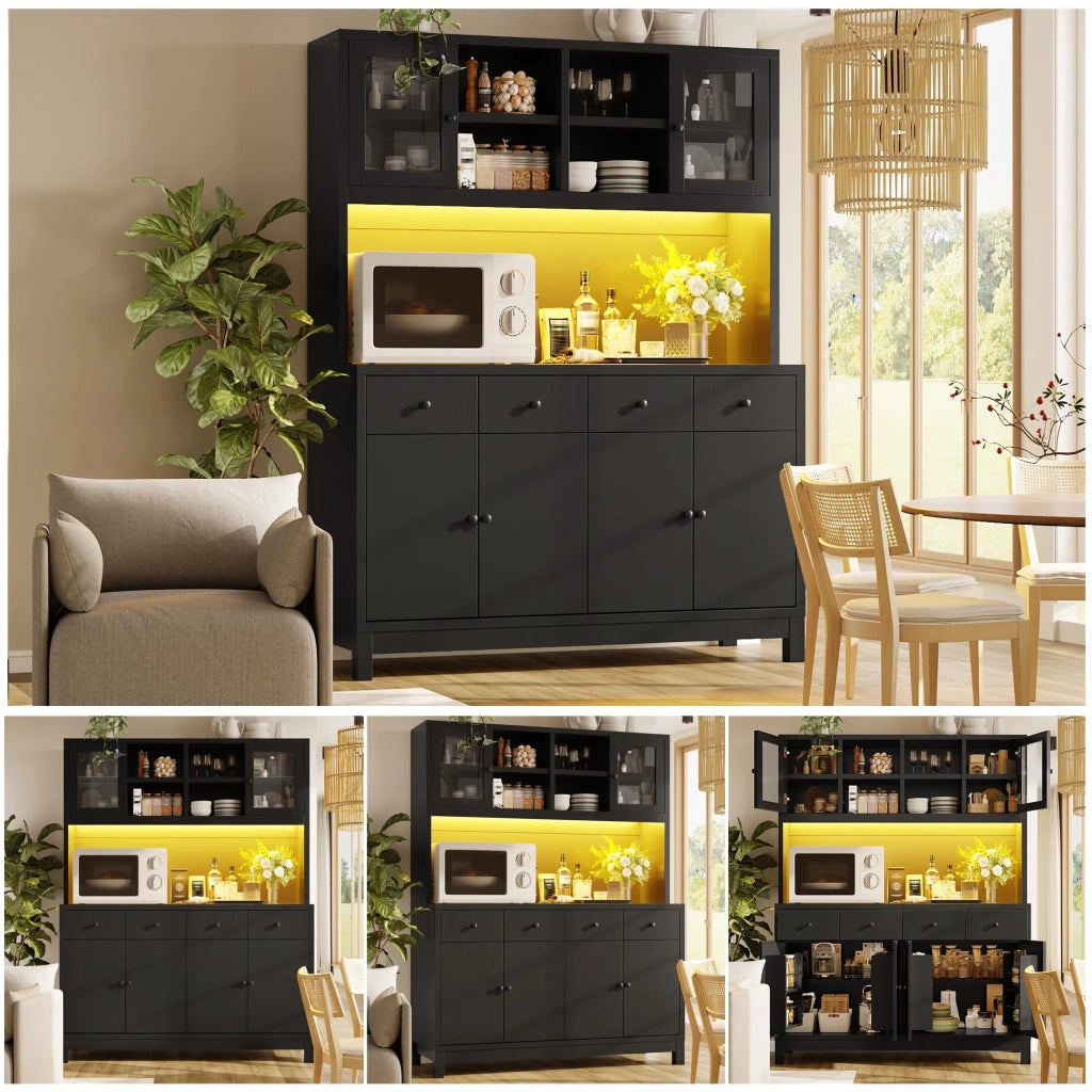 Credenza alta 140x38,5x180 cm nera con LED RGB app, ante in vetro e 4 cassetti, ripiani regolabili, portata 100 kg