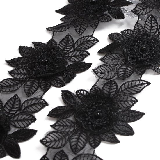 Bordura Organza a Fili 2 Metri - 8,5 cm Largo - Accompagnamento per Ricamo - Adatto per Matrimonio - Nero
