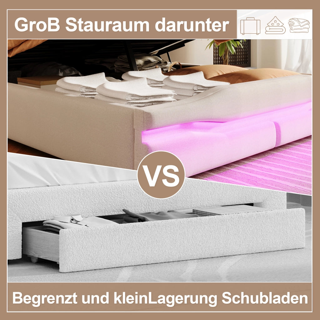 Letto contenitore 140 × 200 cm con sollevamento idraulico; testiera con vano; LED; USB e Type-C; beige