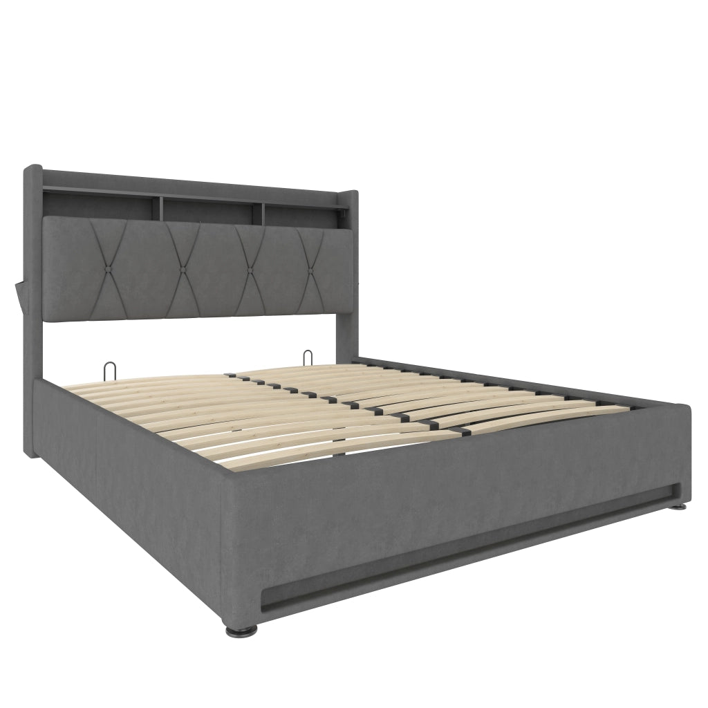 Letto imbottito 140x200 cm in velluto grigio scuro con LED, USB Tipo-C e contenitore, senza materasso