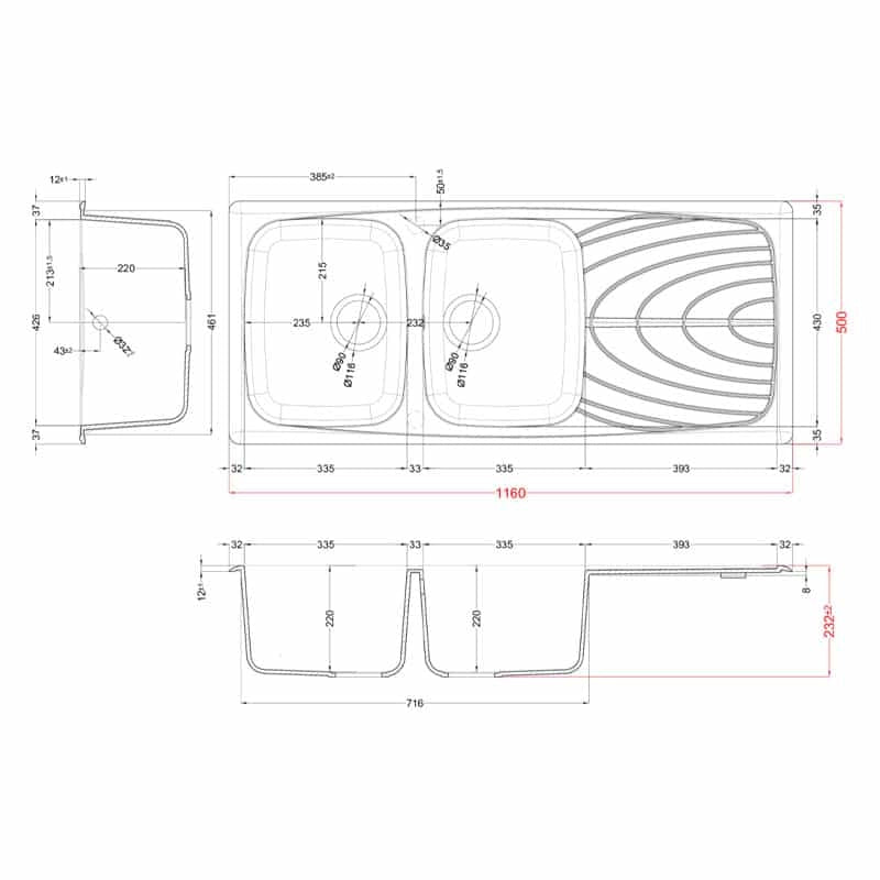 Lavello Elleci Incasso 2 vasche 116x50 Master 500 Granitek Bianco LGM50068