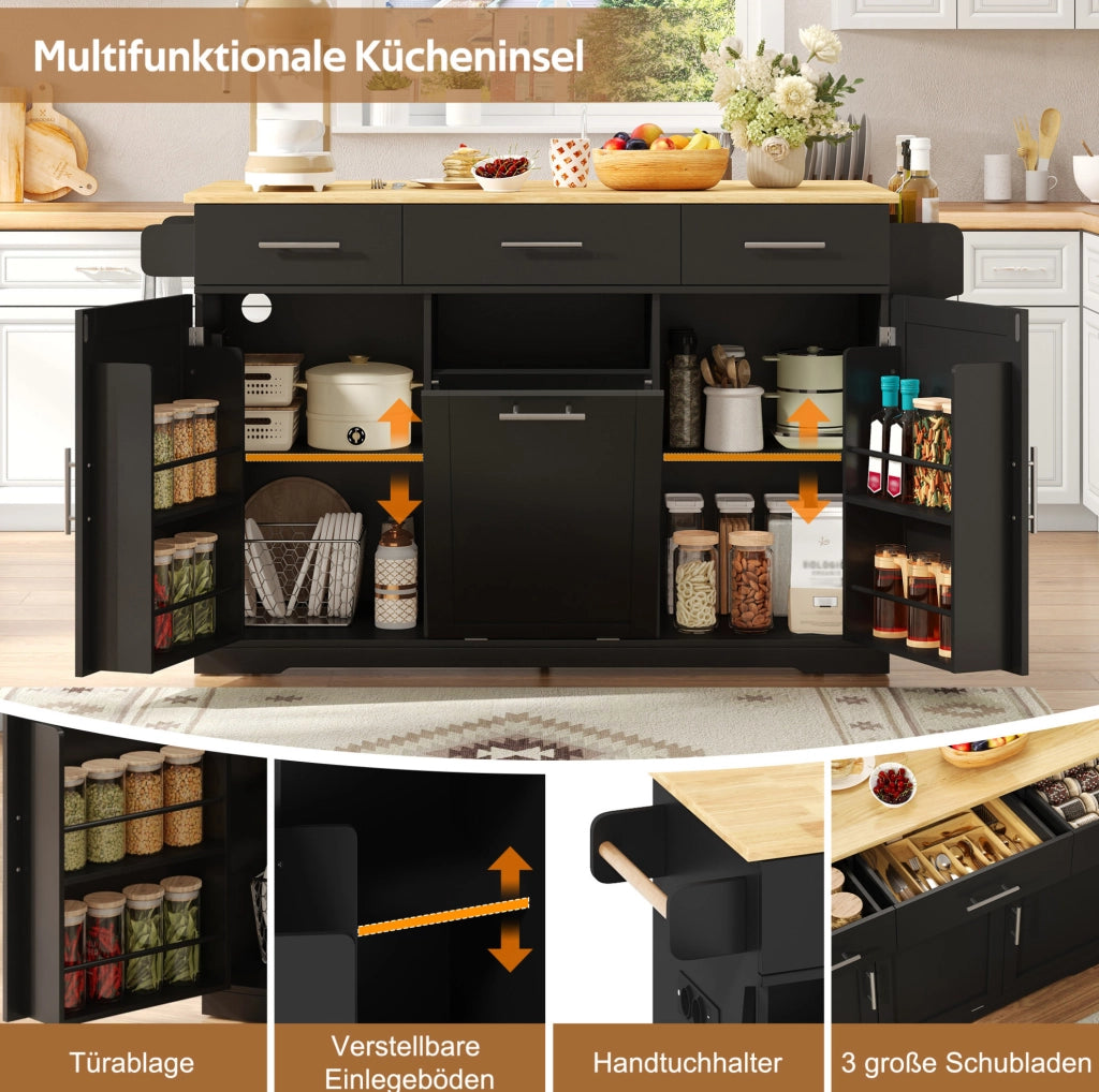 Isola da cucina mobile 136x50/75x92 cm con piano ribaltabile; prese USB; MDF nero/naturale