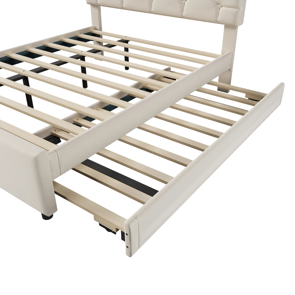 Letto imbottito 140x200 cm con rete e letto estraibile in velluto beige e MDF