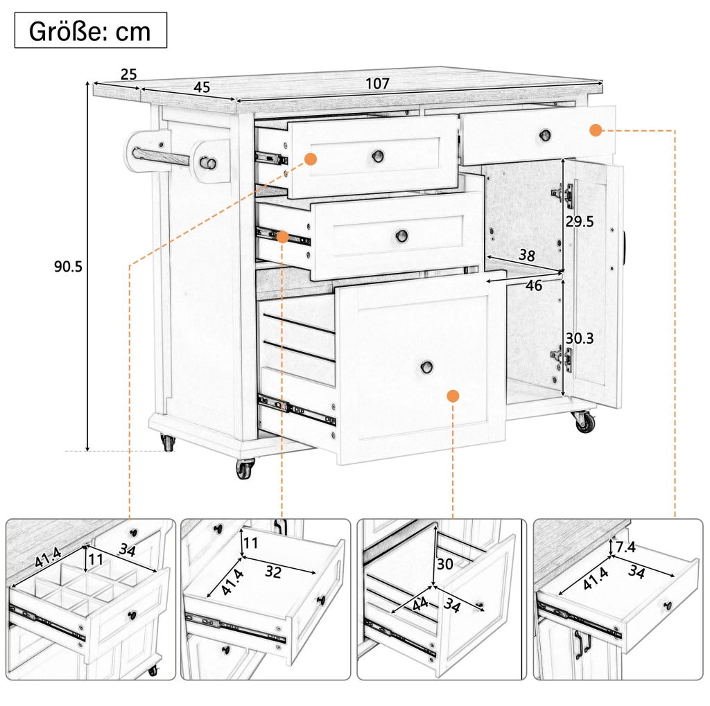 Isola cucina con ruote 107 x 45-70 x 90,5 cm bianco e legno, piano estensibile