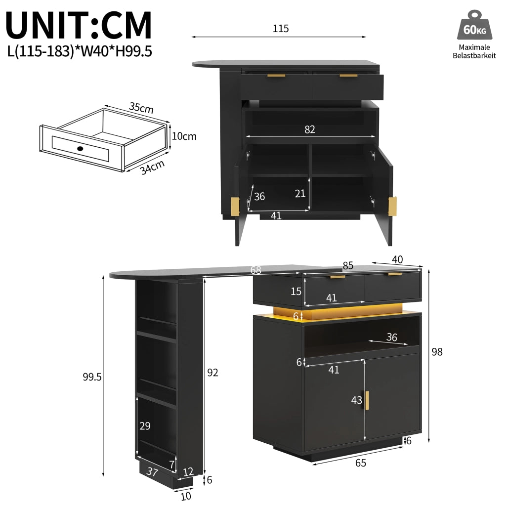 Tavolo da bar allungabile con piano girevole e LED Bluetooth; 115-183x40x99;5 cm; MDF nero