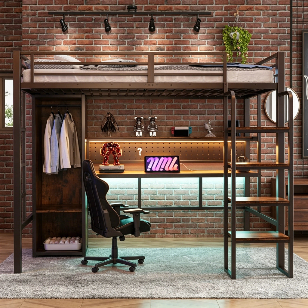 Letto a soppalco 90 × 200 cm con scrivania armadio ripiano LED multicolore in metallo e MDF nero portata 120 kg