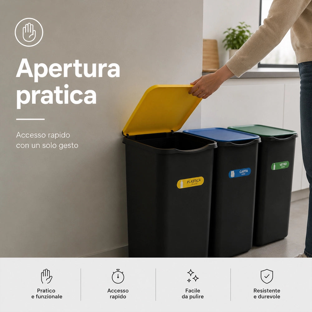 Set 3 Pattumiere Bidoni Raccolta Differenziata Spazzatura da 50 L 37.5x36x62 cm